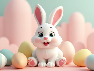 Fototapeta premium Whimsical Easter Bunny with Pastel Eggs: A Delightful 3D Spring Scene Full of Festive Cheer, Soft Colors, and Holiday Magic