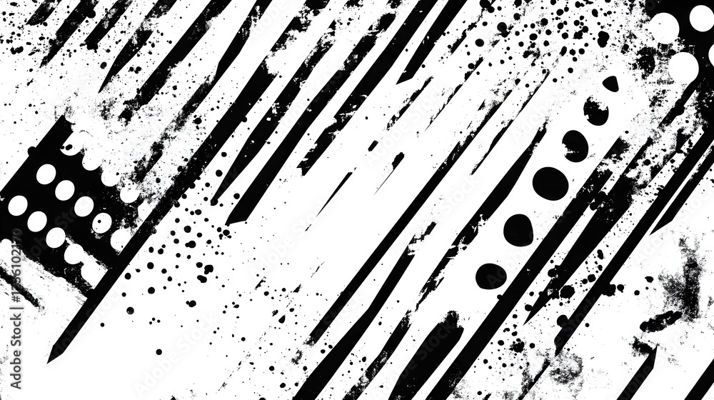 Poster Abstract black and white grunge texture background with dynamic brush strokes splatter and paint splatters  Dramatic monochrome pattern with contrasting light and dark elements