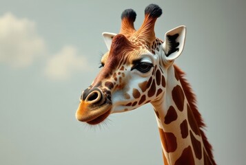 Obraz premium Close-up Portrait of a Giraffe's Head and Neck, Displaying its Unique Pattern and Expressive Eyes, Against a Soft Cloudy Sky Background