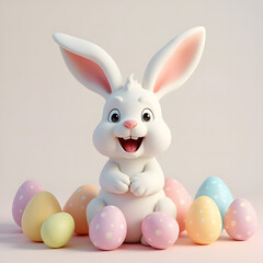Fototapeta premium Whimsical Easter Bunny with Pastel Eggs: A Delightful 3D Spring Scene Full of Festive Cheer, Soft Colors, and Holiday Magic