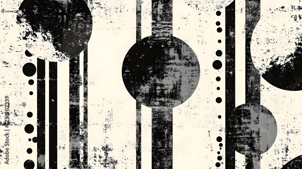 Aufkleber Abstract geometric black and white minimalist modern composition with overlapping circles dots and lines  Stylized digital art pattern with a futuristic contemporary and experimental visual design