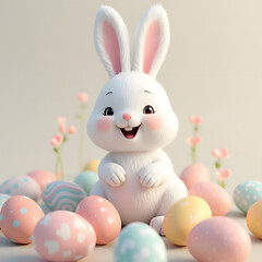 Fototapeta premium Whimsical Easter Bunny with Pastel Eggs: A Delightful 3D Spring Scene Full of Festive Cheer, Soft Colors, and Holiday Magic