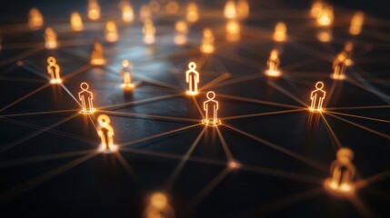 A glowing network of stylized human figures connected by lines, symbolizing digital communication and social connections.