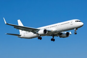 Obraz premium Airplane soars through clear blue sky, great for travel or aviation theme