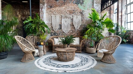 Bohemian lounge, industrial space, plants, macrame, event