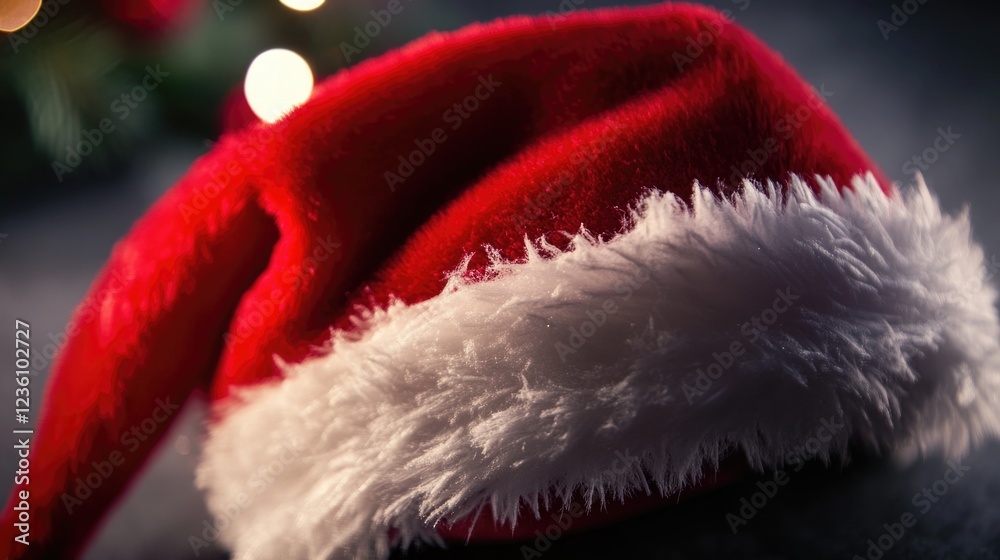 Poster close-up shot of a santa hat with colorful lights in the background