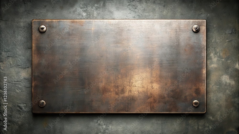 Aufkleber a weathered copper plate with a worn and rustic texture, secured by four rivets, set against a backd