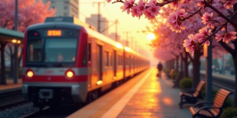 A commuter train departs a station at sunrise, passing through a picturesque landscape of blossoming trees along the platform