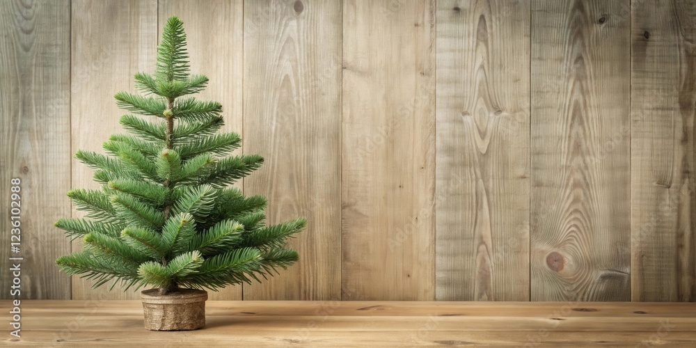 Poster a small, potted evergreen tree sits on a wooden table in front of a rustic wooden background.