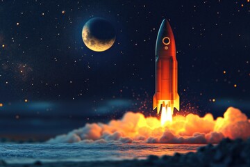Obraz premium A rocket blasts off into space with the moon serving as a backdrop