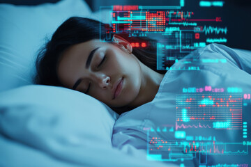 A serene woman peacefully sleeps with digital data overlay, symbolizing mindfulness.