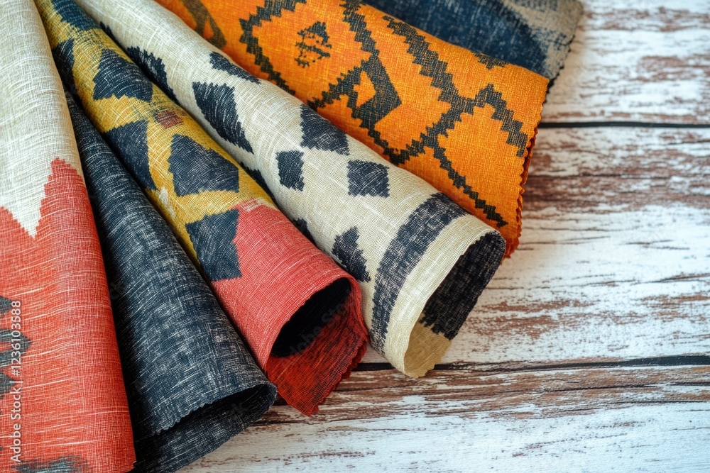 Poster A close-up shot of various fabrics laid out on a table, suitable for use in design or crafting projects