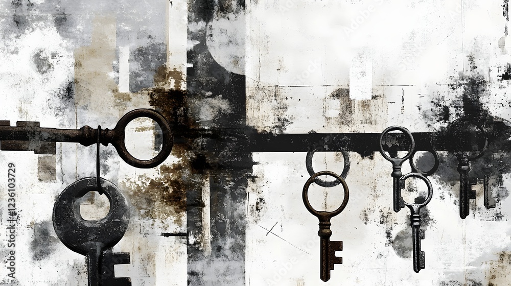 Leinwandbilder abstract image featuring a weathered distressed and grungy textured background with rusty metal barrier or gate surrounded by old worn and aged keys suggesting security access and mystery