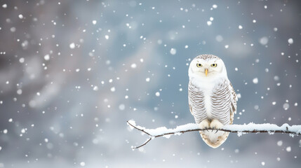A snowy owl perched on a branch during a gentle snowfall in winter.