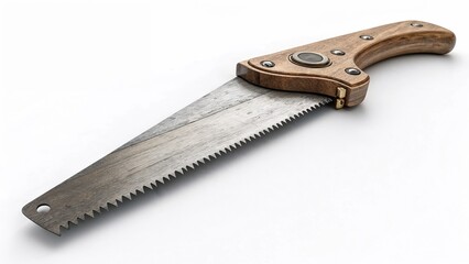 Hand saw, vintage design, wooden handle, isolated on white background