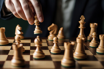 A strategic chess game in progress, showcasing focused moves and wooden pieces.