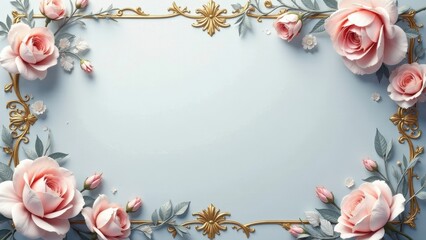 Elegant pastel pink roses and gold ornate frame on a light blue background, ideal for wedding invitations or feminine designs