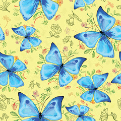 A playful pattern of hand drawn blue butterflies and simple colorful line art flowers on a neutral yellow background. For nurseries, childrens bedrooms or playful accessories for girls. This design