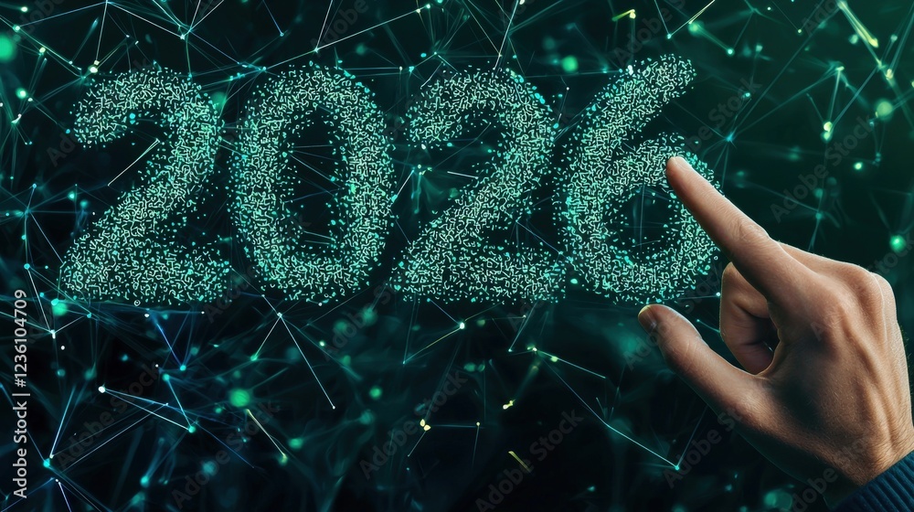Wall mural digital interaction with holographic concept of the year 2026 represented by dots and numbers in a f