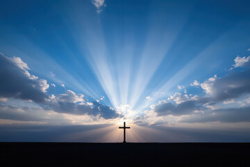 A stunning sunbeam illuminates a cross against a vibrant blue sky, symbolizing hope and faith.