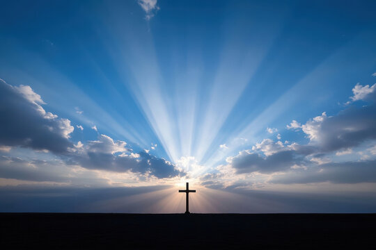 A stunning sunbeam illuminates a cross against a vibrant blue sky, symbolizing hope and faith.