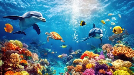 Fototapeta premium Colorful Underwater Scene with Dolphins, Turtle and Vibrant Coral Reefs