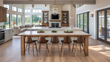 Beautiful panorama of white kitchen and dining room in new luxury home, with pendant lights, dining room table and chairs, kitchen island, and