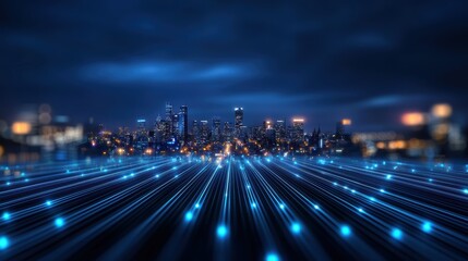 Fototapeta premium A futuristic city skyline with illuminated lines extending towards the viewer, set against a dark blue sky.