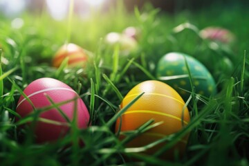 Fototapeta premium A group of colorful Easter eggs lying in the grass, perfect for spring or Easter-themed designs