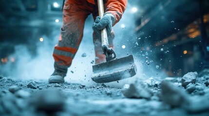 A construction worker shovels rubble in a smoky environment, showcasing the intensity of labor and the industrial setting.