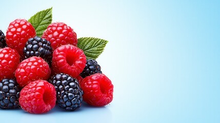 Red Raspberries and Blackberries With Green Leaves On Light Blue Background