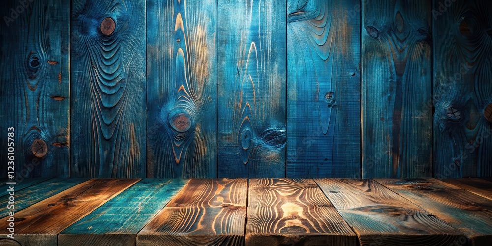 Poster rustic wooden tabletop with a teal blue background, ideal for product placement or displaying object