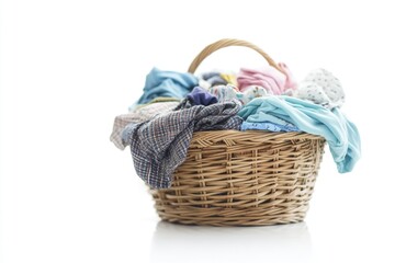 A woven wicker basket filled with various clothes on a clean white background, ideal for photography, fashion, or lifestyle images