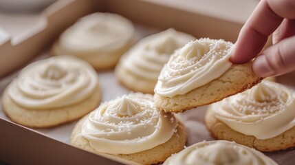 Delicious frosted sugar cookies in a box