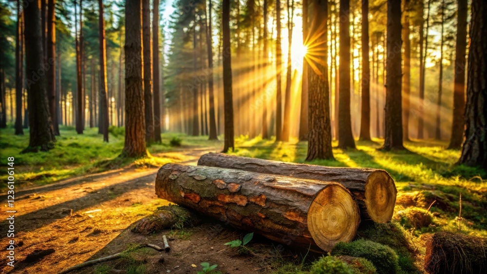 Poster golden rays of sunlight pierce through the dense canopy of a pine forest, illuminating a path leadin