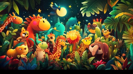 Colorful Cartoon Animals Gathered in a Lush Jungle Scene at Night