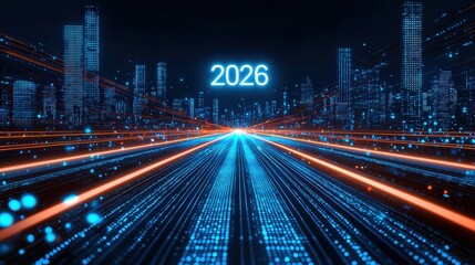 Futuristic Digital Technology Background with Hologram Elements and Bright Neon Lights for 2026 Vision Inspiration