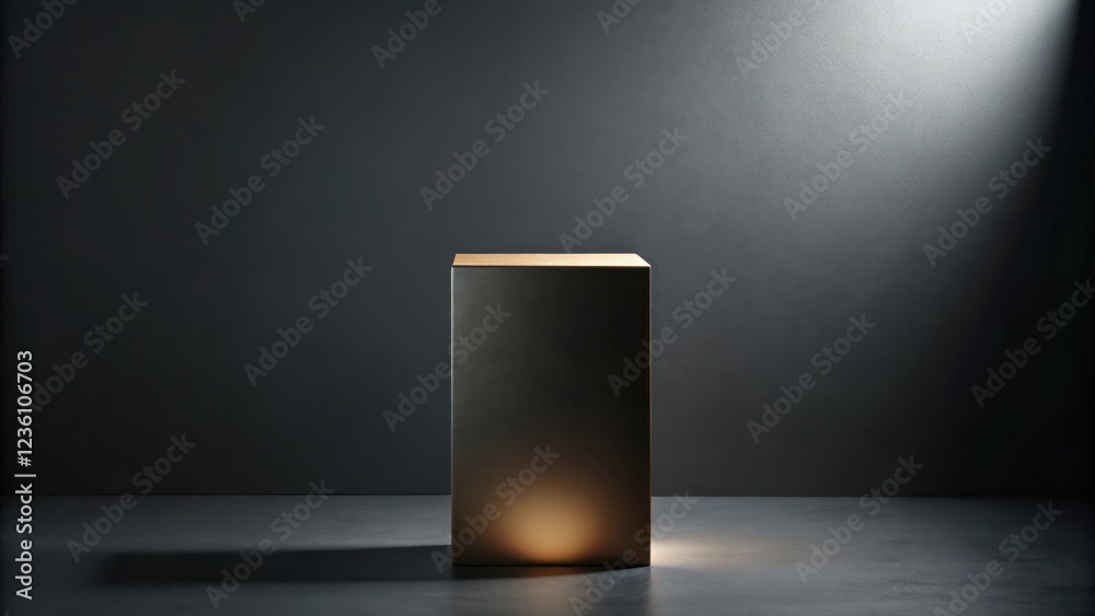 Poster a minimalist black and gray concrete pedestal with a subtle spotlight creating a soft, warm glow
