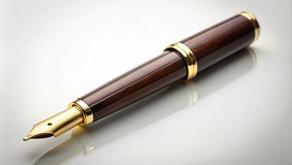 A mahogany fountain pen with gold accents rests on a pristine white surface, showcasing its elegant design and classic appeal.