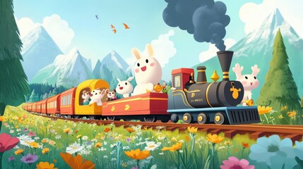 Colorful Cartoon Train Adventure with Animals in a Scenic Landscape
