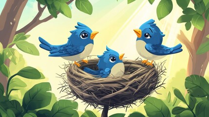 Cute Bluebirds in Nest Surrounded by Lush Greenery and Sunshine