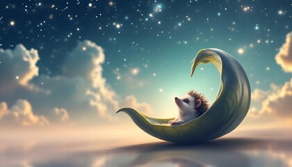 Obraz premium Adorable Hedgehog in Leaf Crescent Moon Night Sky Art