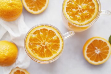 Fototapeta premium Fresh oranges with two glasses of orange juice on a table or countertop