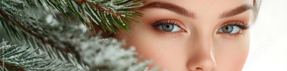 Poster Portrait of a woman's face partially hidden by a tree branch, with a natural setting
