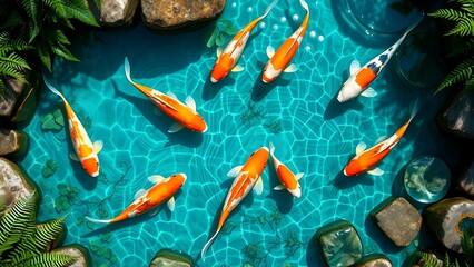 Vibrant Koi Fish Swimming in a Crystal-Clear Pond
