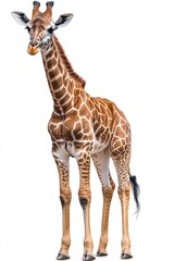 Fototapeta premium A giraffe stands in front of a plain white background, ready for your creative project