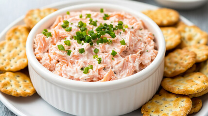 Creamy smoked salmon dip served with whole grain crackers, perfect for gatherings