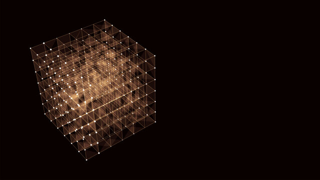 3D futuristic geometric cube with orange dots and lines. Abstract wireframe blockchain. Science vector background. Structure technology network connection. Ai in dark cyberspace background.