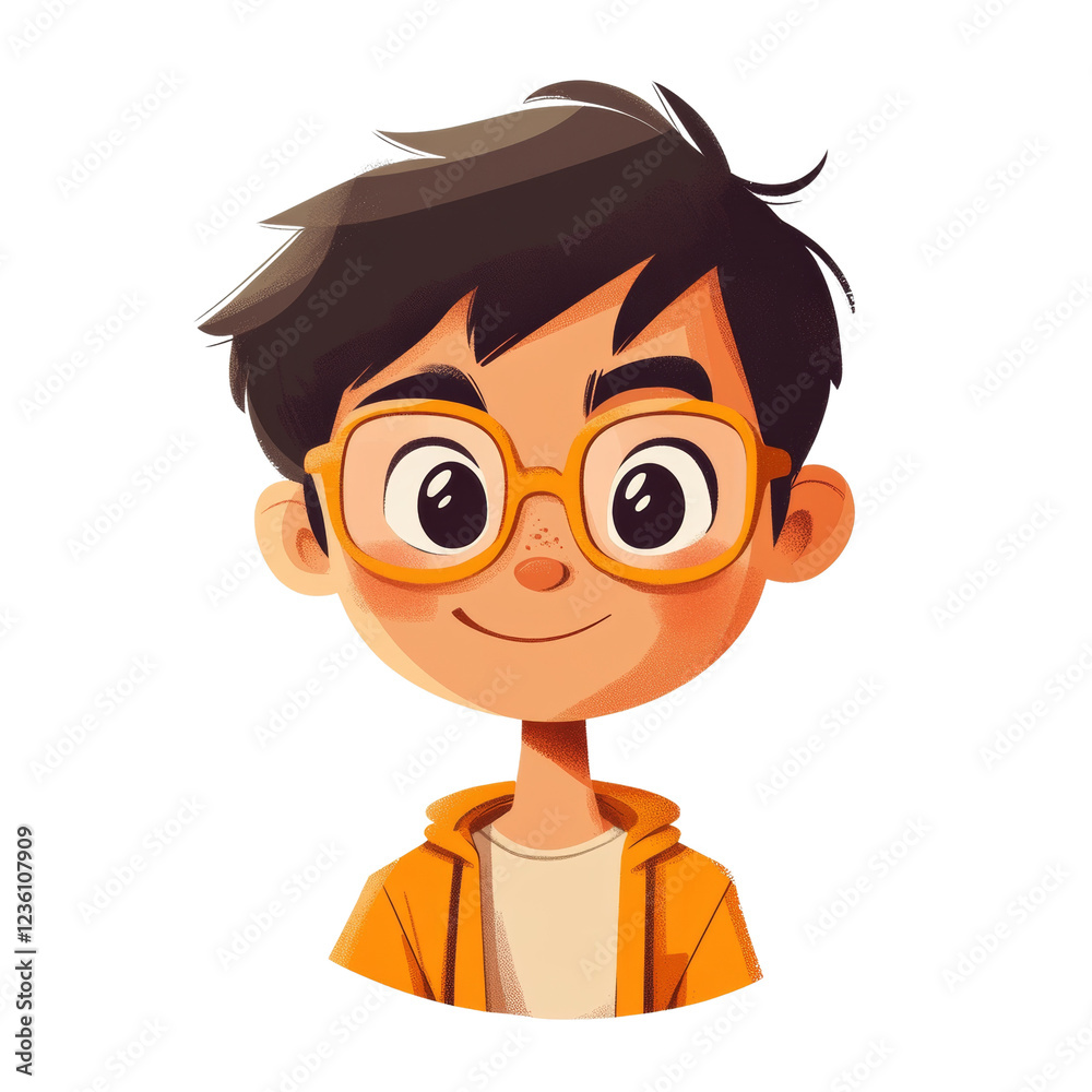 Poster this image depicts a digitally drawn cartoon of a smiling boy with orange glasses and a matching jac