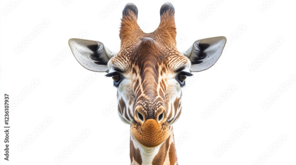 Poster close-up image of a giraffe's face on a white background